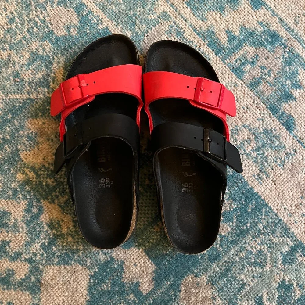Birkenstock Arizona *Black & Poppy Red* Split Color / 36 N / Birko-Flor / EUC - Picture 4 of 16